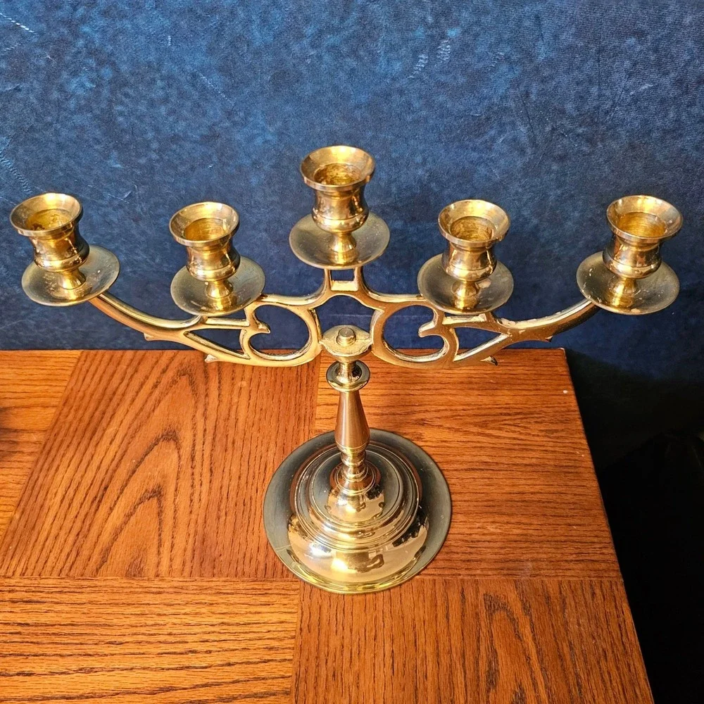 Vintage Brass 5 Arm Candelabra Art Nouveau Scrollwork Candlestick W Mark